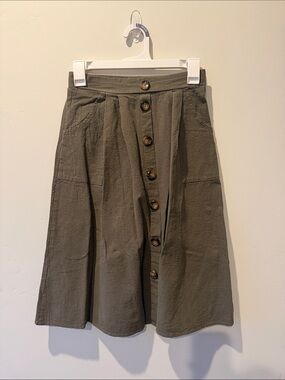 Button-Front Olive Midi Skirt with Patch Pockets